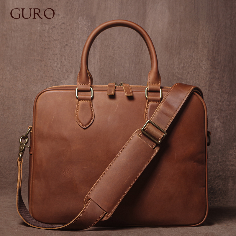 Luxury Bags Laptop - GURO Men Crazy Horse Cowhide Briefcase